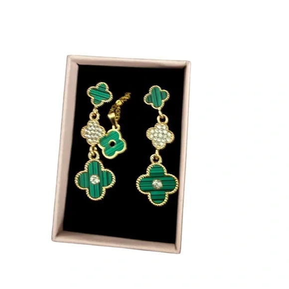 Gold-Tone Green Clover Drop Earrings and Pendant Set - Picture 1 of 2